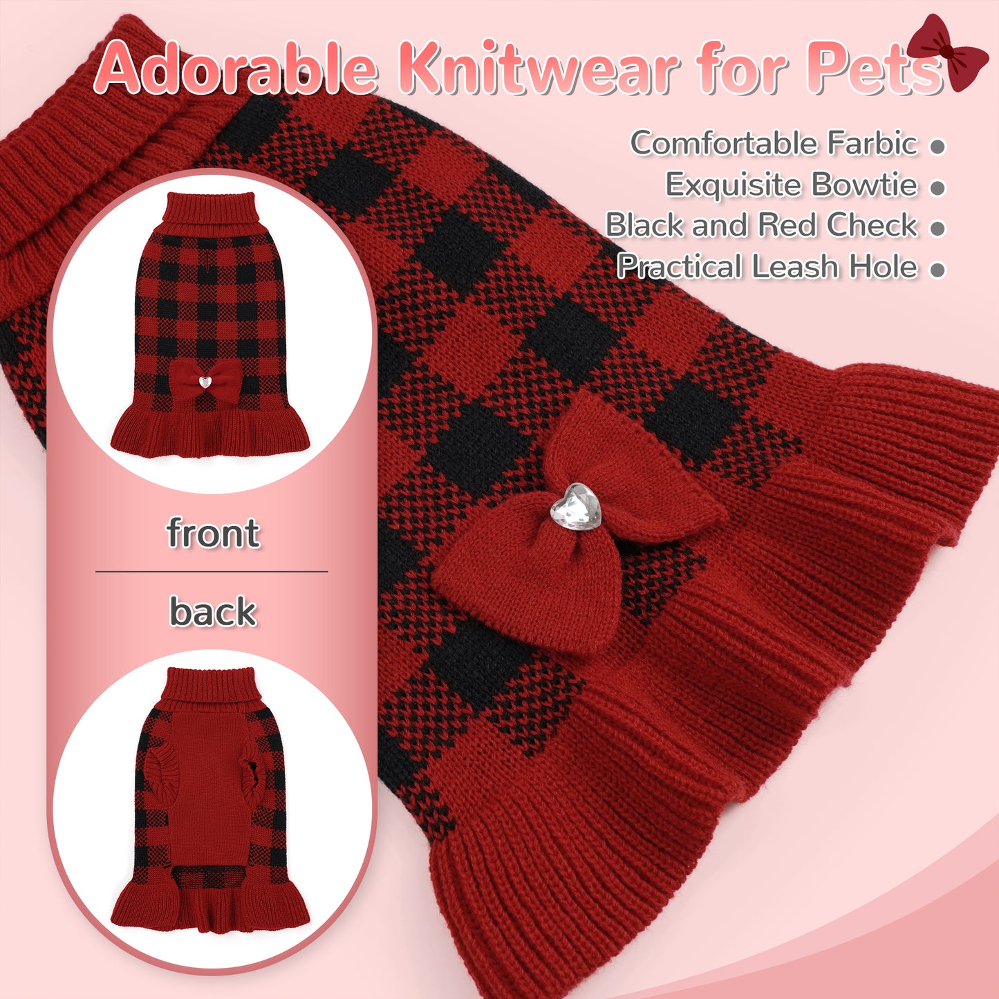 Small Dog Sweater Dress with Bowtie Red-3