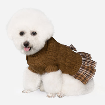 Small Dog Sweater Dress with Bowtie Turtleneck Brown