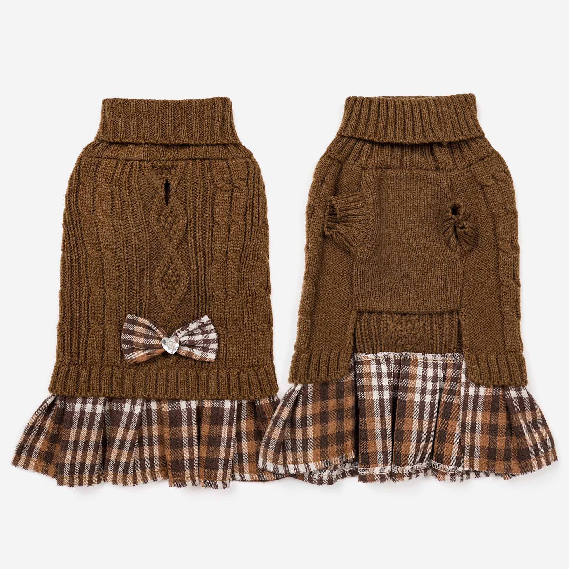 Small Dog Sweater Dress with Bowtie Turtleneck Brown