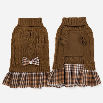Small Dog Sweater Dress with Bowtie Turtleneck Brown