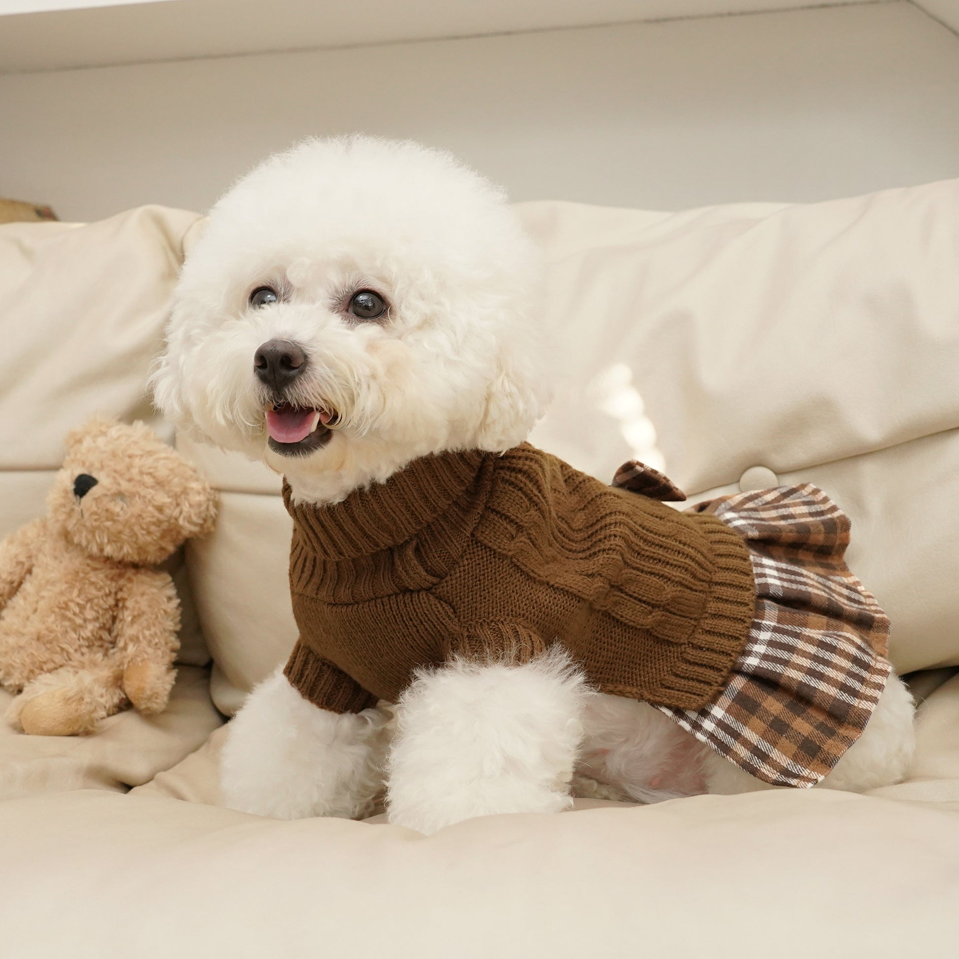 Small Dog Sweater Dress with Bowtie Turtleneck Brown