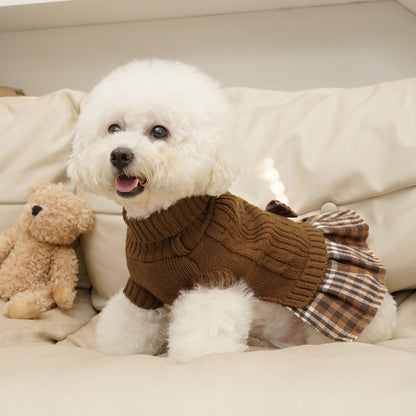 Small Dog Sweater Dress with Bowtie Turtleneck Brown