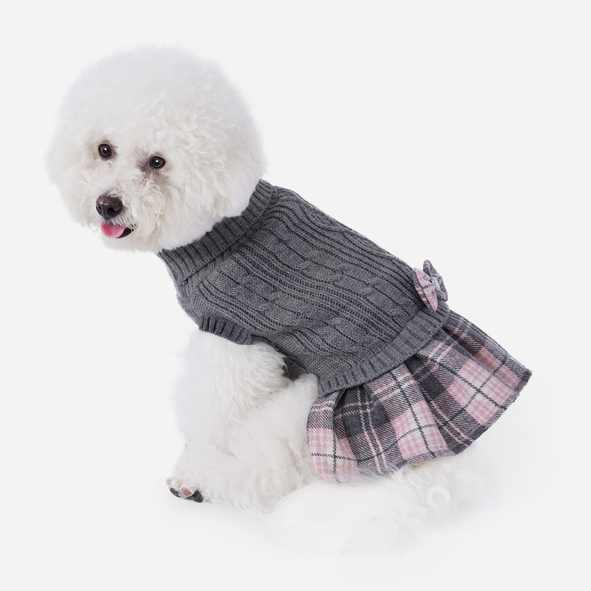 Small Dog Sweater Dress with Bowtie Turtleneck Grey