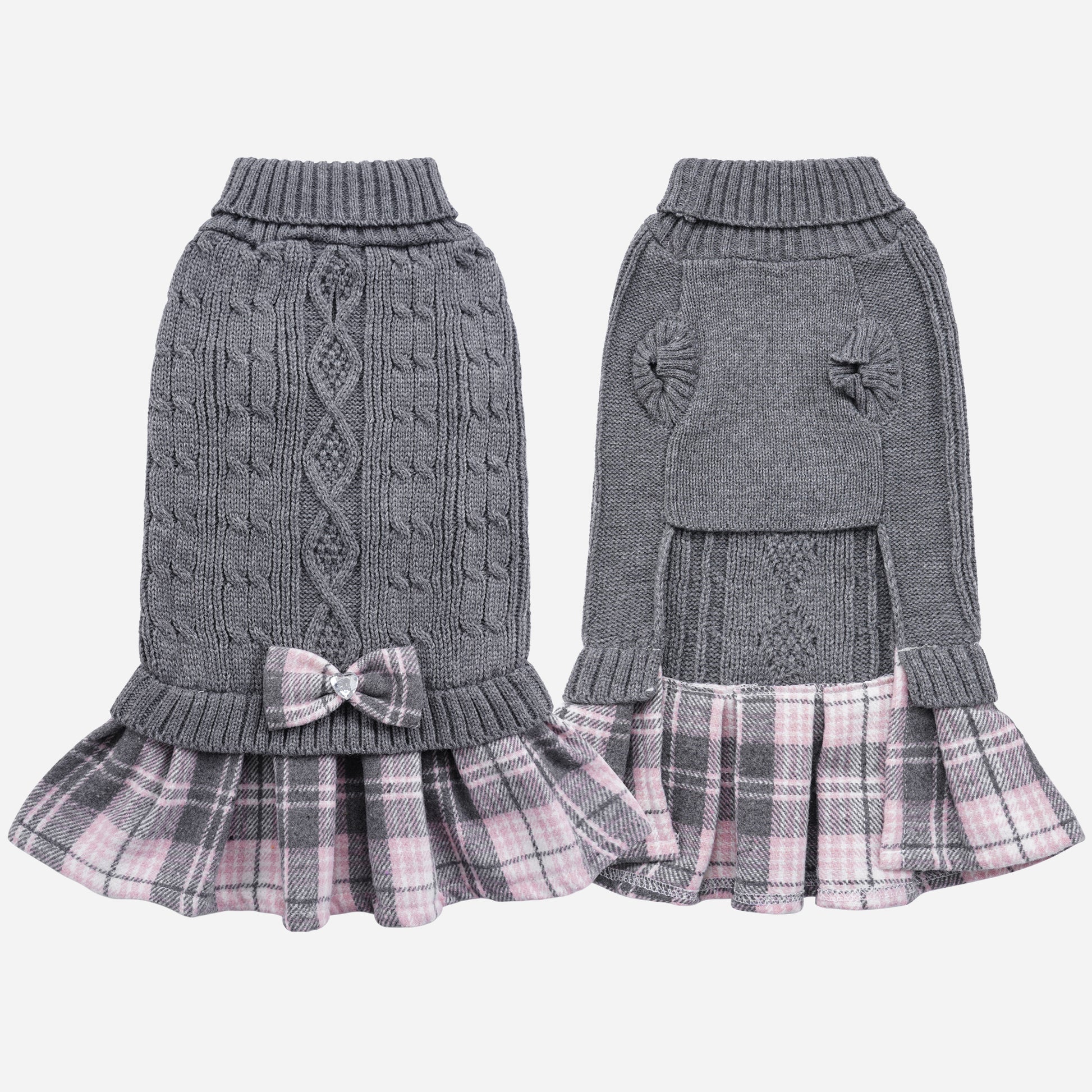 Small Dog Sweater Dress with Bowtie Turtleneck Grey