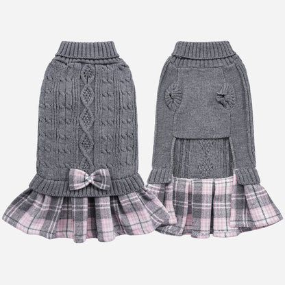 Small Dog Sweater Dress with Bowtie Turtleneck Grey