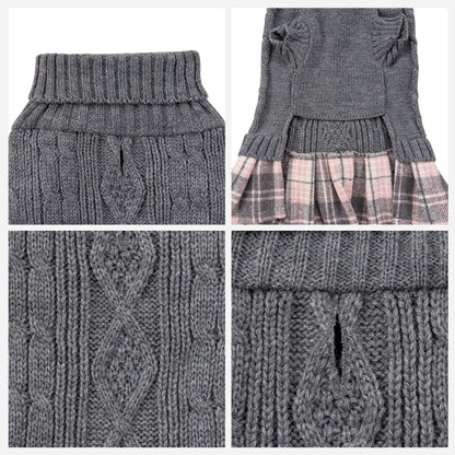 Small Dog Sweater Dress with Bowtie Turtleneck Grey