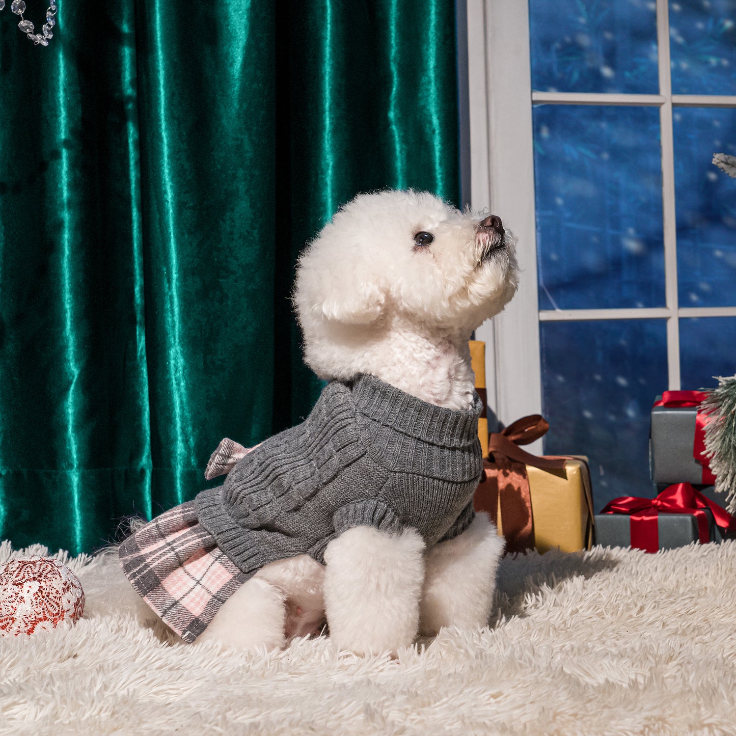 Small Dog Sweater Dress with Bowtie Turtleneck Grey