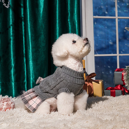 Small Dog Sweater Dress with Bowtie Turtleneck Grey