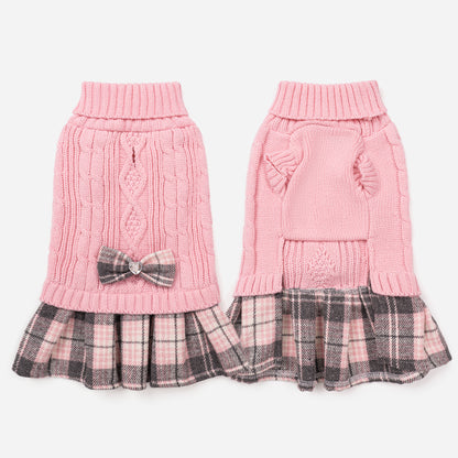 Small Dog Sweater Dress with Bowtie Turtleneck Pink