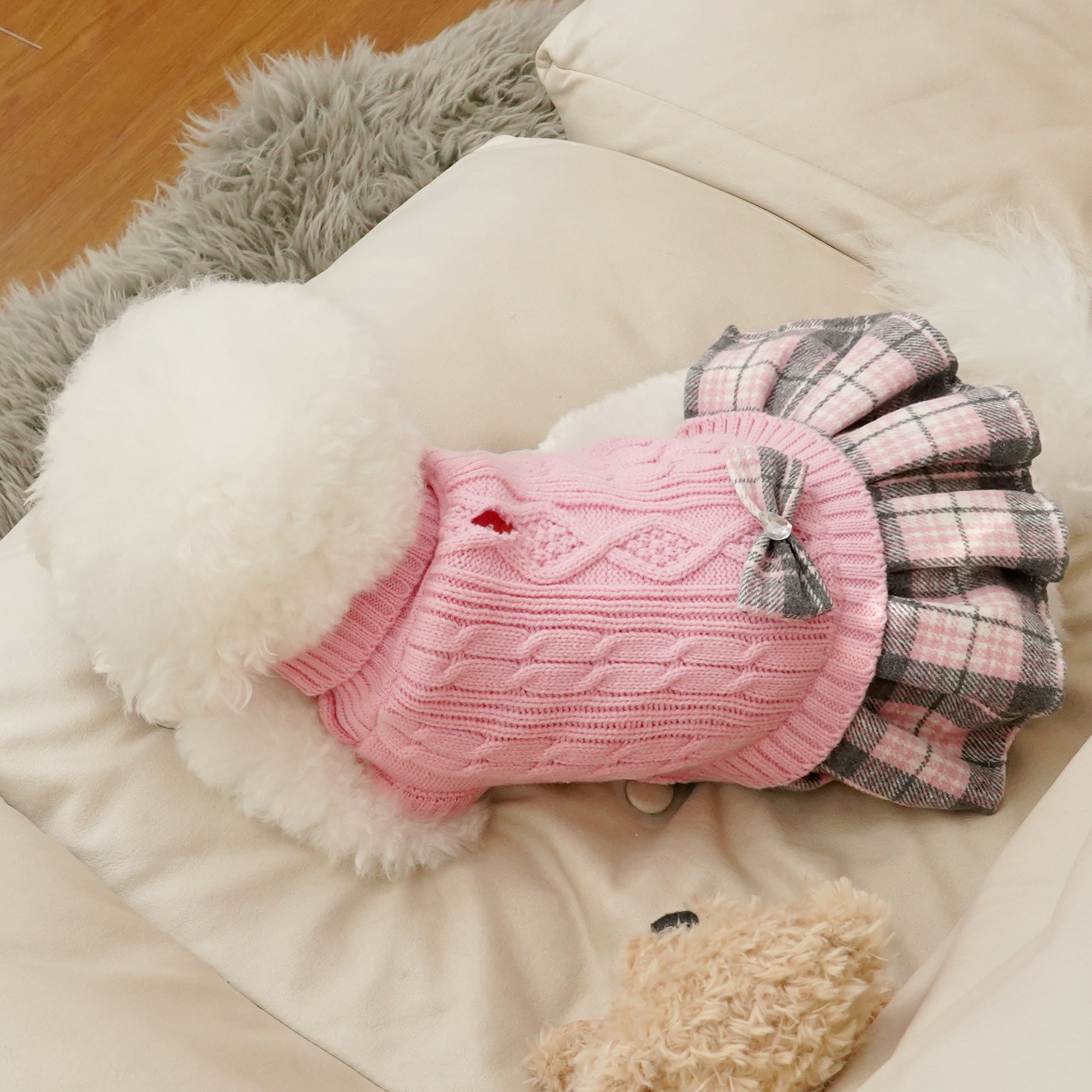 Small Dog Sweater Dress with Bowtie Turtleneck Pink