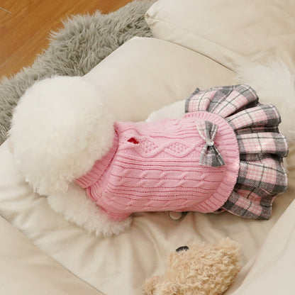 Small Dog Sweater Dress with Bowtie Turtleneck Pink