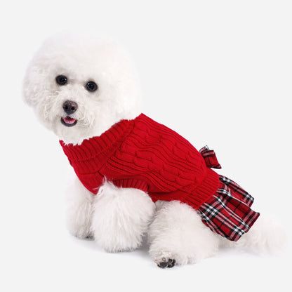 Small Dog Sweater Dress with Bowtie Turtleneck Red