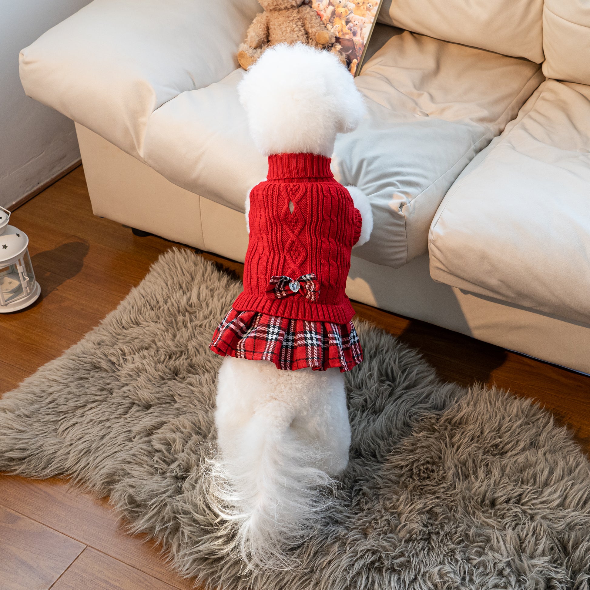 Small Dog Sweater Dress with Bowtie Turtleneck Red