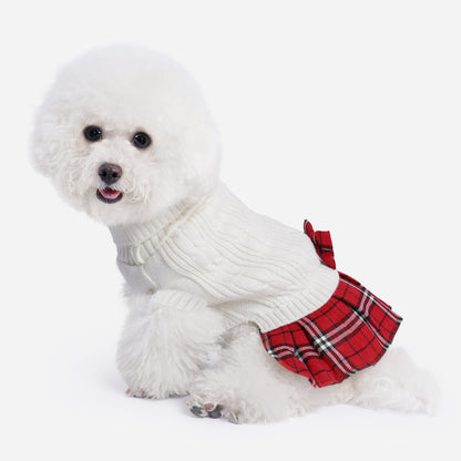 Small Dog Sweater Dress with Bowtie Turtleneck White