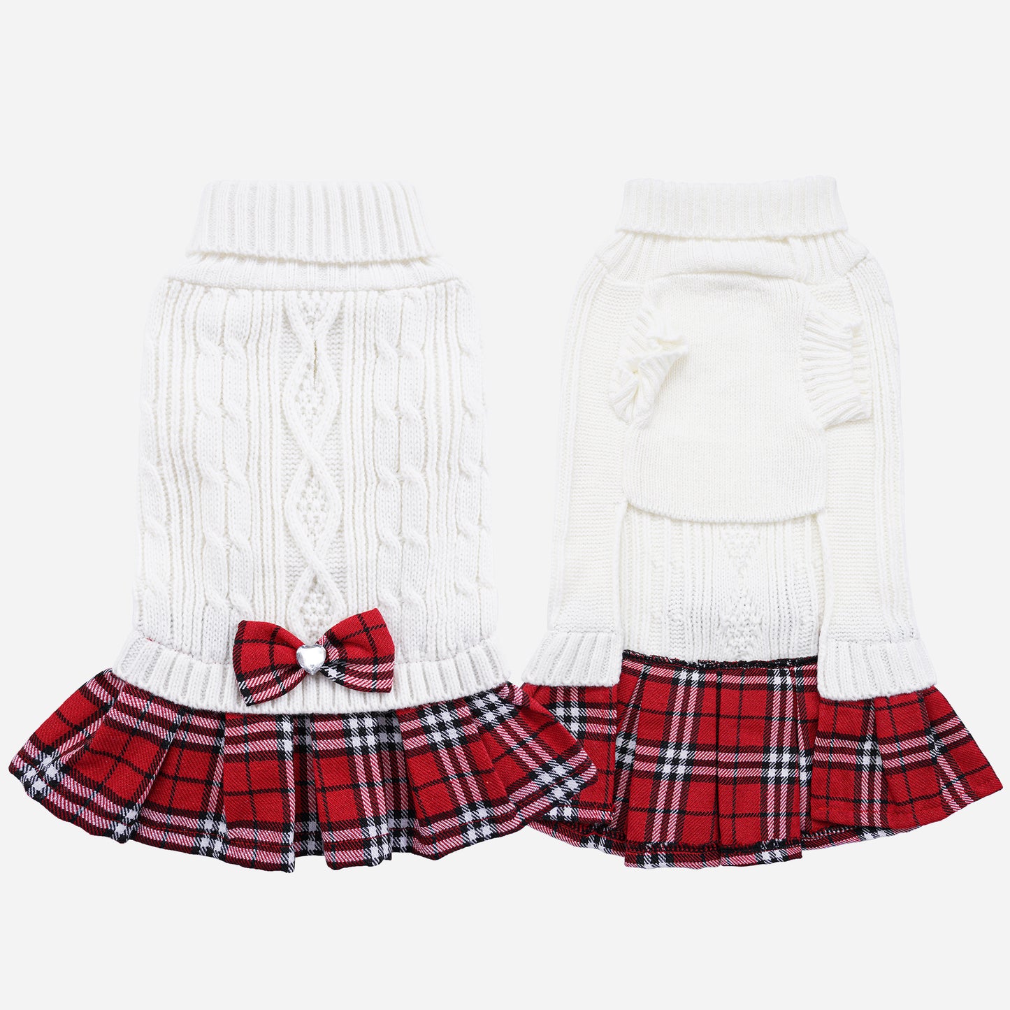 Small Dog Sweater Dress with Bowtie Turtleneck White
