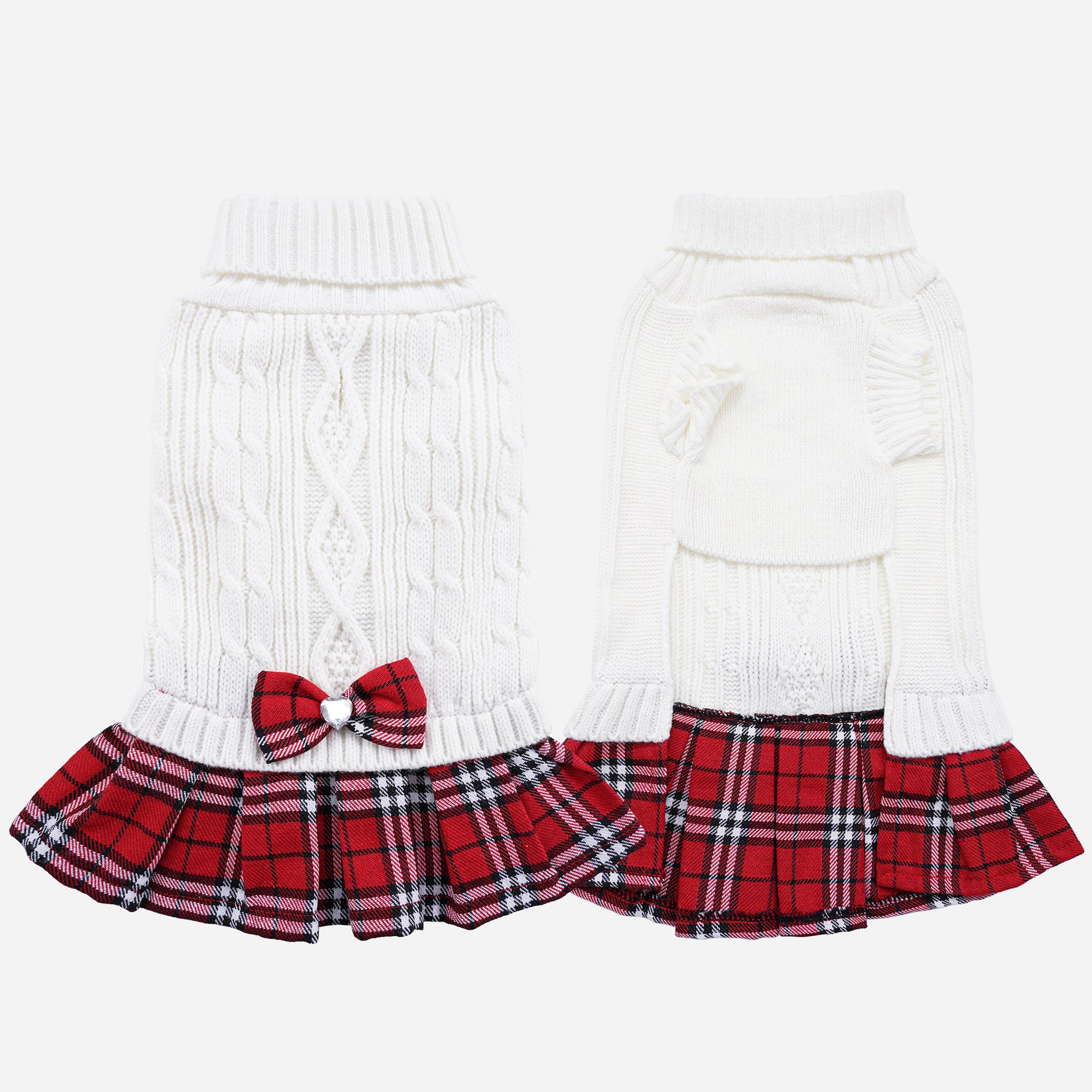 Small Dog Sweater Dress with Bowtie Turtleneck White