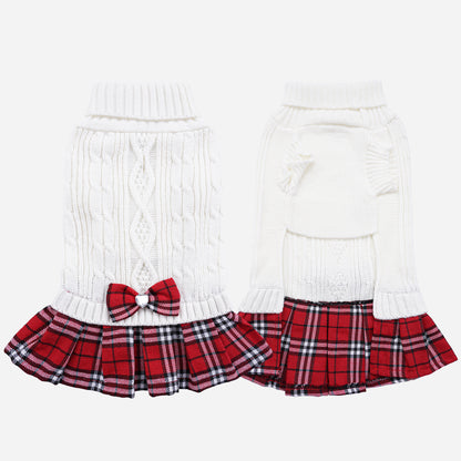 Small Dog Sweater Dress with Bowtie Turtleneck White